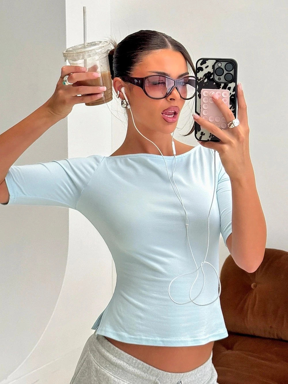Princess Polly Daily Define Boatneck 3/4 Sleeve Top Icy Blue